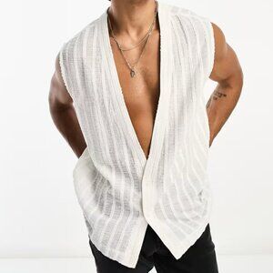 ASOS DESIGN Sleeveless Cotton Textured White Men's Shirt Minimalist Crinkled L